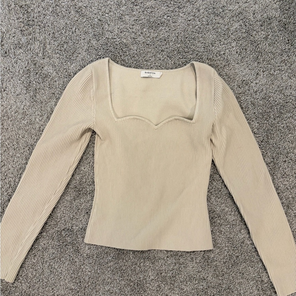 Babaton Beige Ribbed Long-Sleeve Square Neck Top